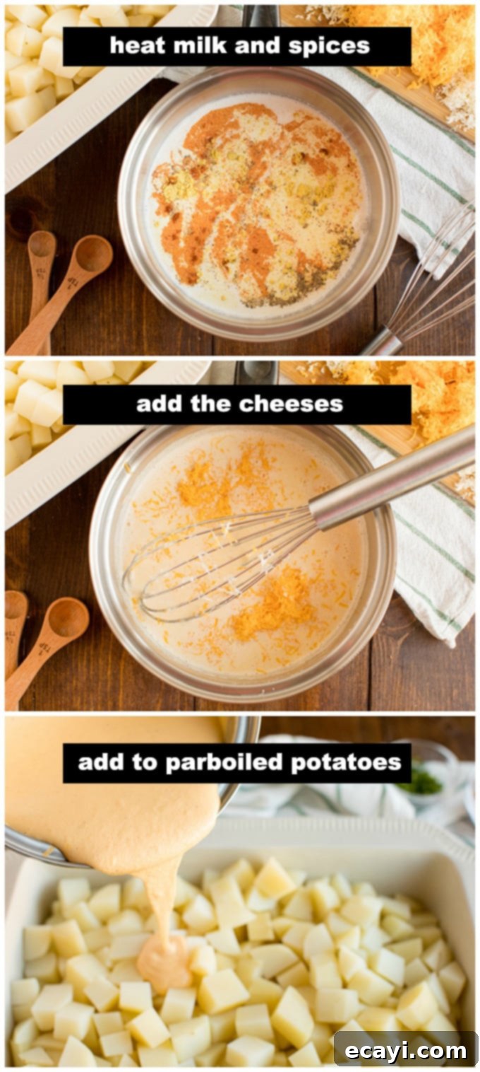 Smoky Bacon & Triple Cheese Potato Bake 2 A creamy, rich three cheese sauce being whisked gently in a gleaming saucepan over low heat, ensuring a smooth, lump-free consistency.