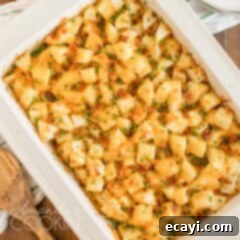 Smoky Bacon & Triple Cheese Potato Bake 3 overhead shot of cheese potatoes in a casserole dish