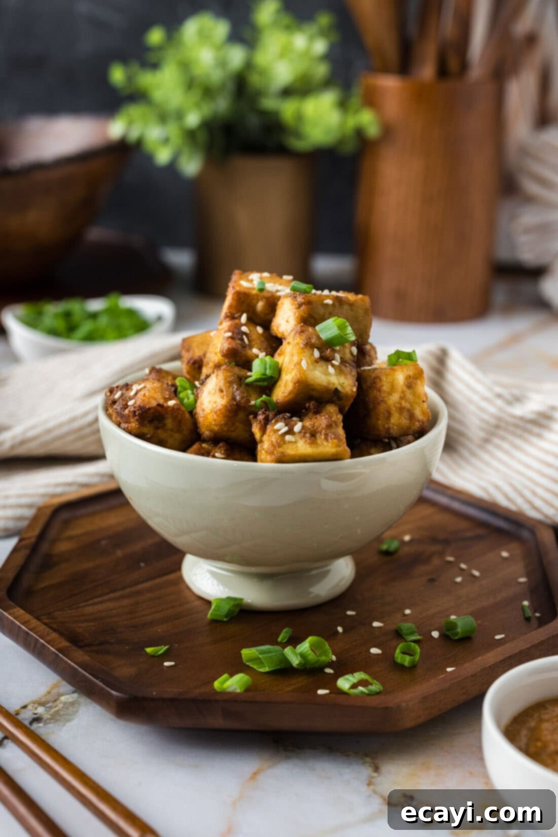 Crispy Air Fryer Tofu 3 Bowl of Air Fryer Tofu, ready to be served or added to a meal