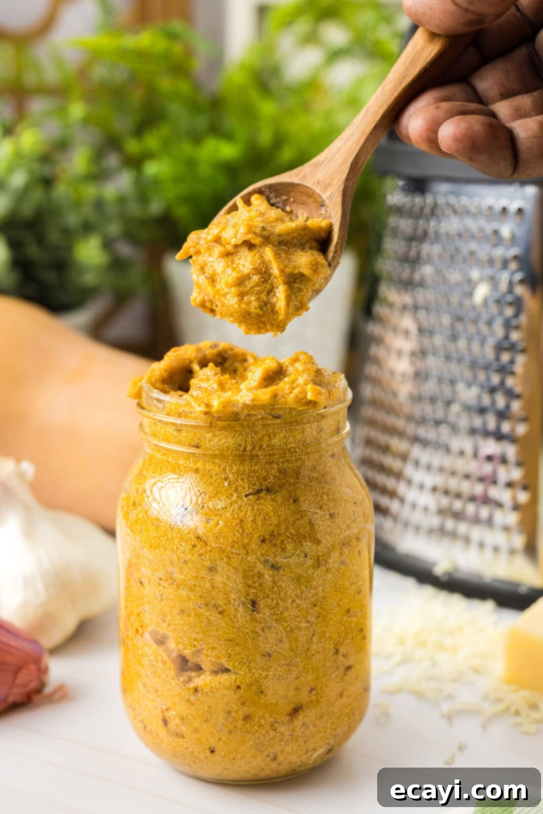 Creamy Butternut Squash Pasta Sauce 5 Spoonful of Butternut Squash Pasta Sauce held above a jar of Butternut Squash Pasta Sauce