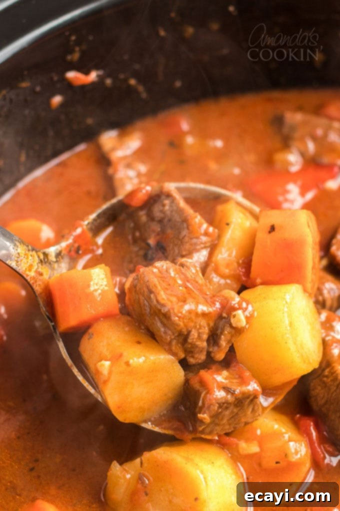 Hearty Slow Cooker Hungarian Goulash with Noodles 3 ladle full of goulash beef stew