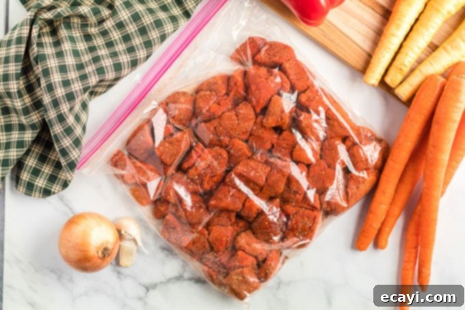 Hearty Slow Cooker Hungarian Goulash with Noodles 6 cubed beef in a bag with seasonings