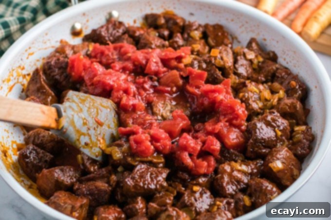 Hearty Slow Cooker Hungarian Goulash with Noodles 8 tomatoes added to the skillet