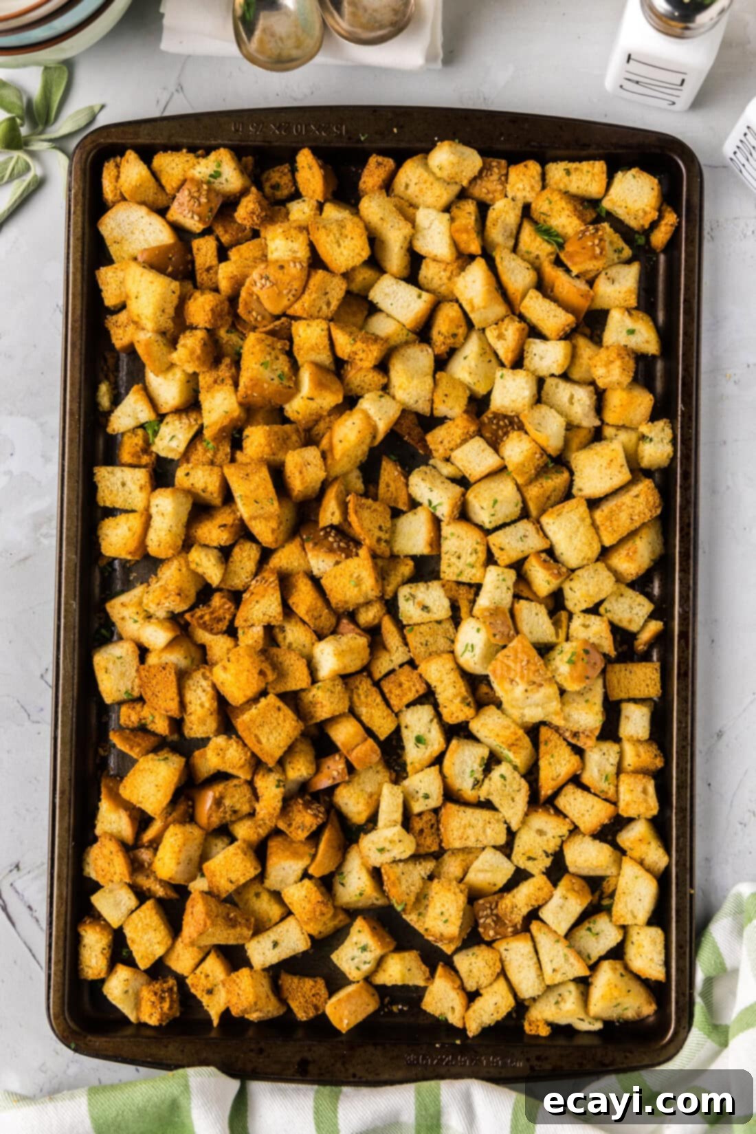 Crispy Golden Croutons 11 Baking sheet of dark and light Homemade Croutons unmixed