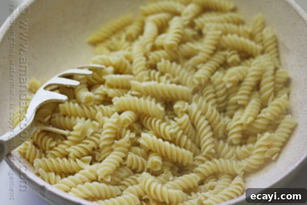 Savory Chicken and Pepper Pasta 15 A close up of a bowl of Rotini pasta.