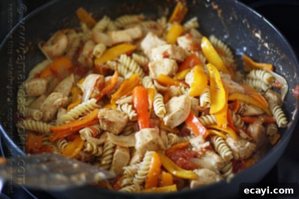 Savory Chicken and Pepper Pasta 17 A close up photo of chicken with peppers and pasta in a skillet.