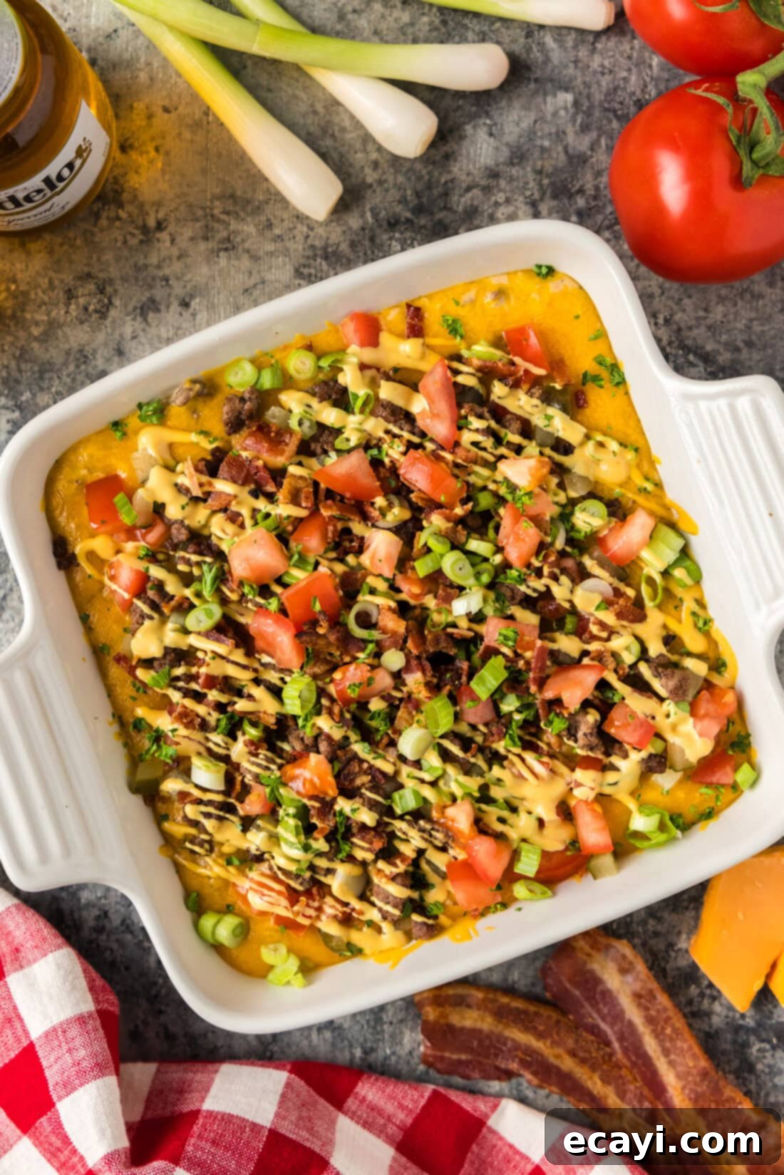 Loaded Cheeseburger Dip 14 Overhead photo of a dish filled with Cheeseburger Dip