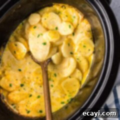 Set It and Forget It Scalloped Potatoes 15 Close up photo of a spoon in a Crockpot full of scalloped potatoes