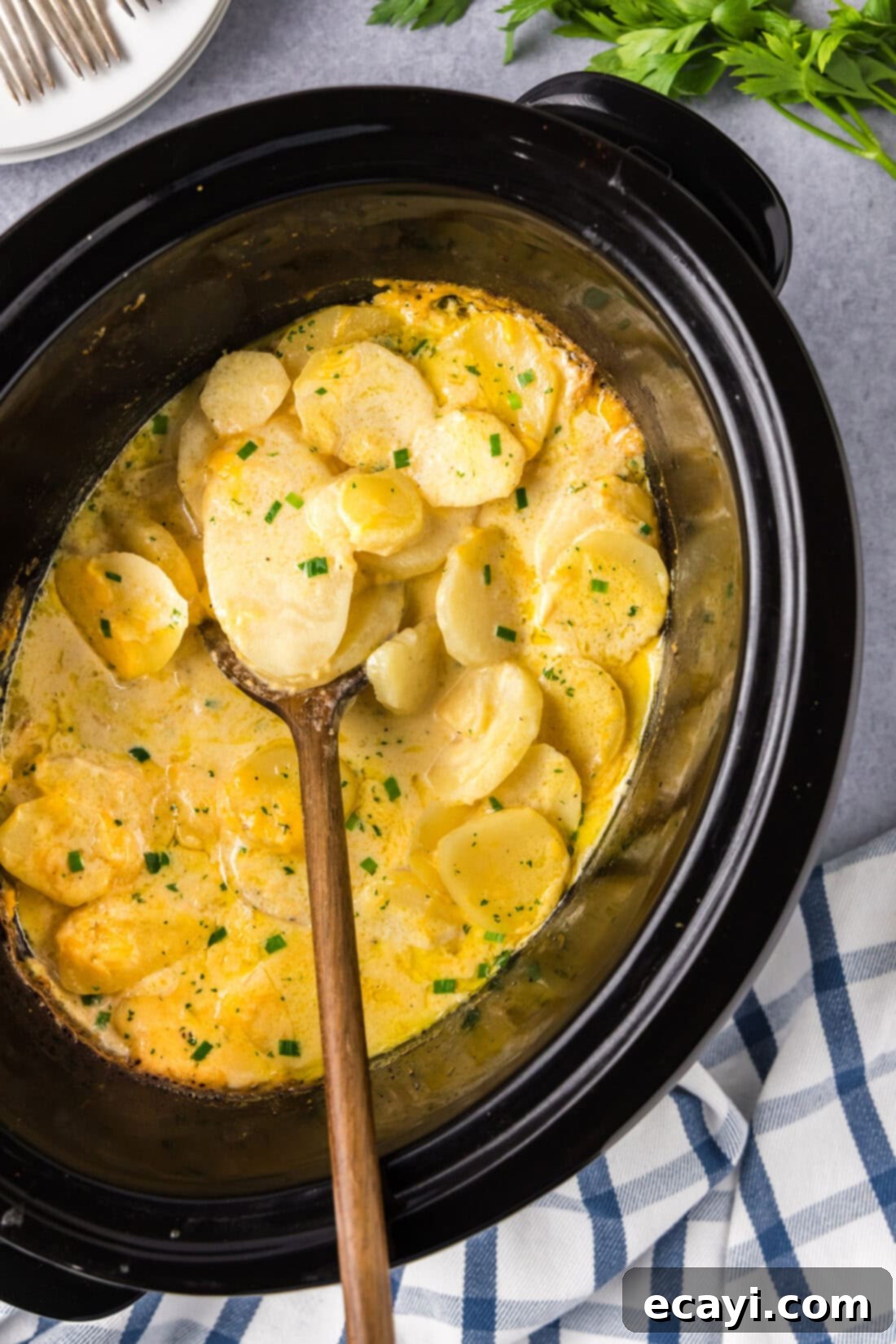 Set It and Forget It Scalloped Potatoes 3 Spoon in a Crockpot of scalloped potatoes