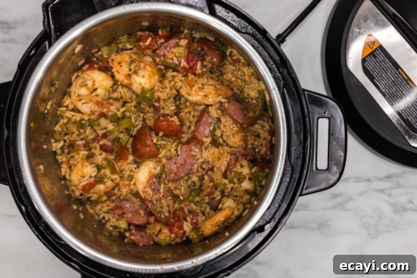 Easy Instant Pot Jambalaya 12 overhead of cooked jambalaya in an instant pot
