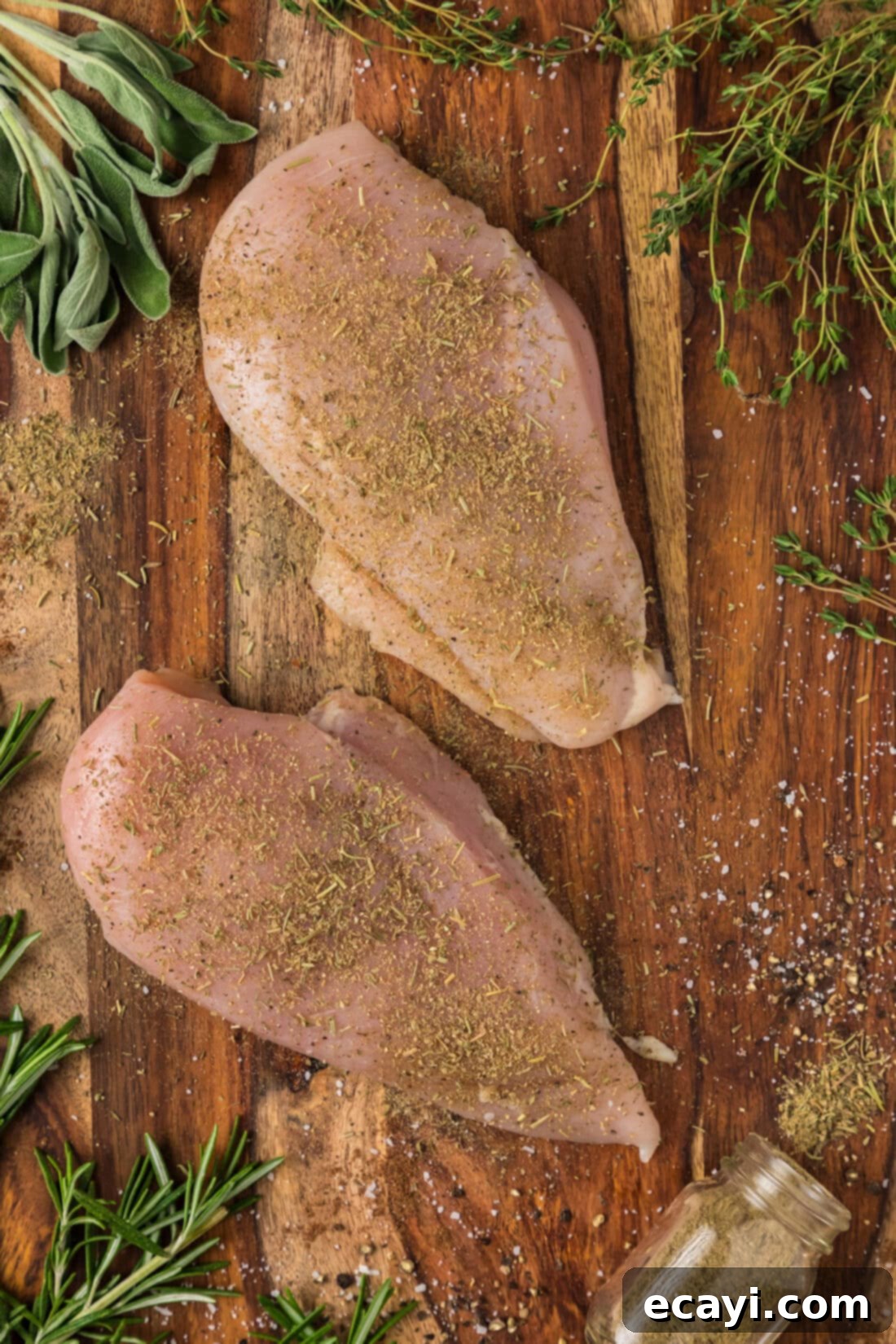 Savory Poultry Blend 3 Raw chicken breasts generously coated in Homemade Poultry Seasoning, ready for cooking