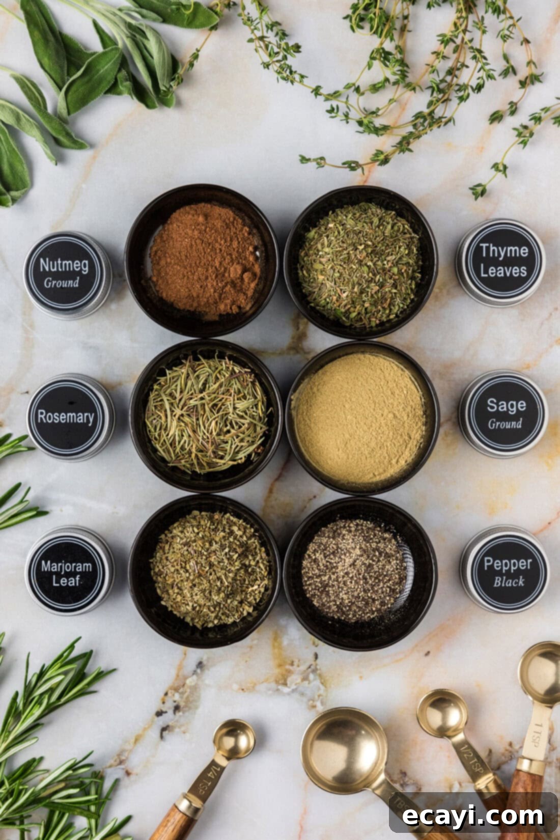 Savory Poultry Blend 6 Bowls of separate Homemade Poultry Seasoning ingredients with the original spice jar labels next to them
