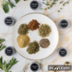 Savory Poultry Blend 7 Plate of Homemade Poultry Seasoning ingredients with the spice jar lids to the side, ready to be blended
