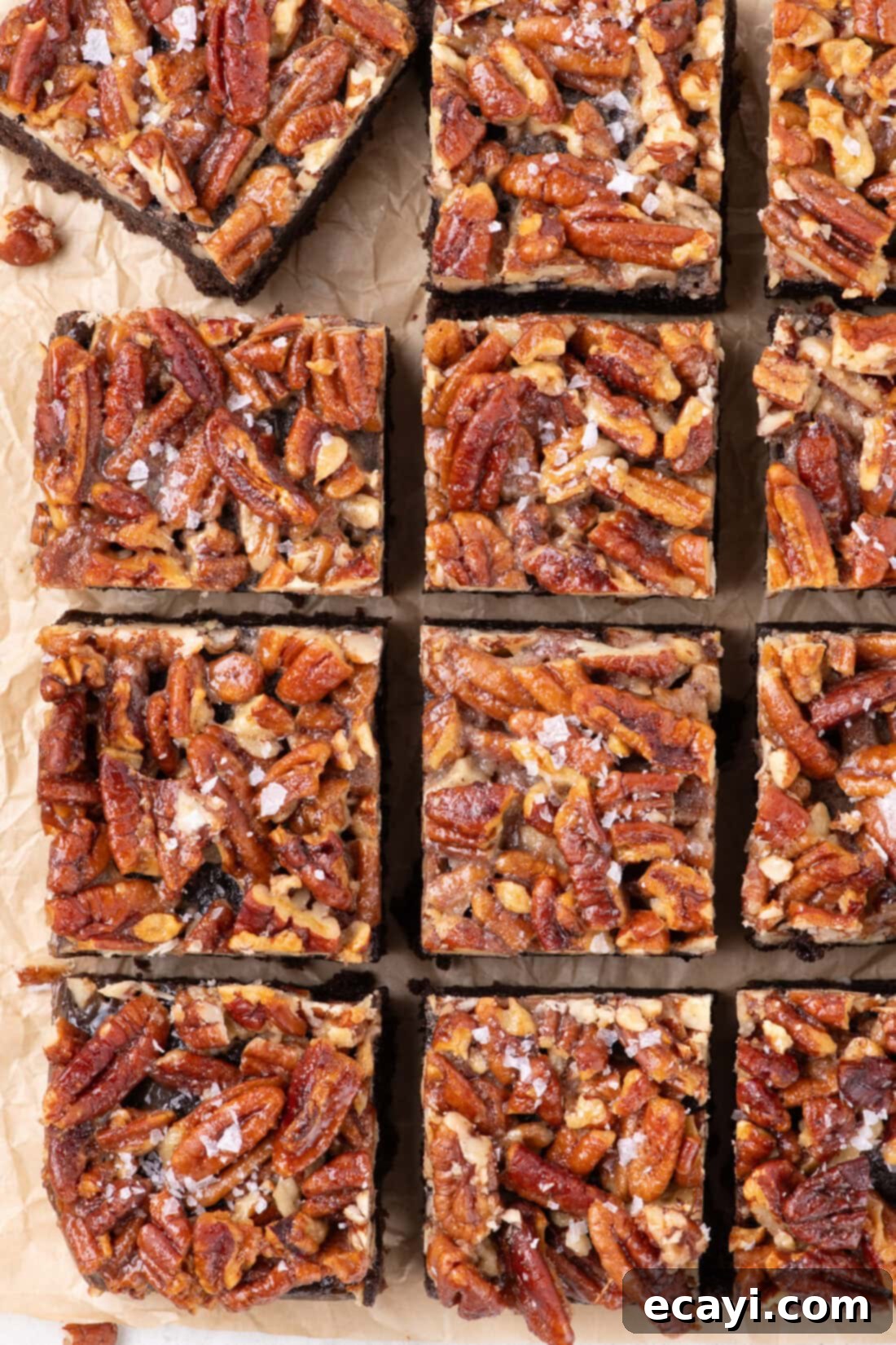 Decadent Pecan Pie Brownies 3 Overhead photo of Pecan Pie Brownies cut into perfect squares, ready to be served