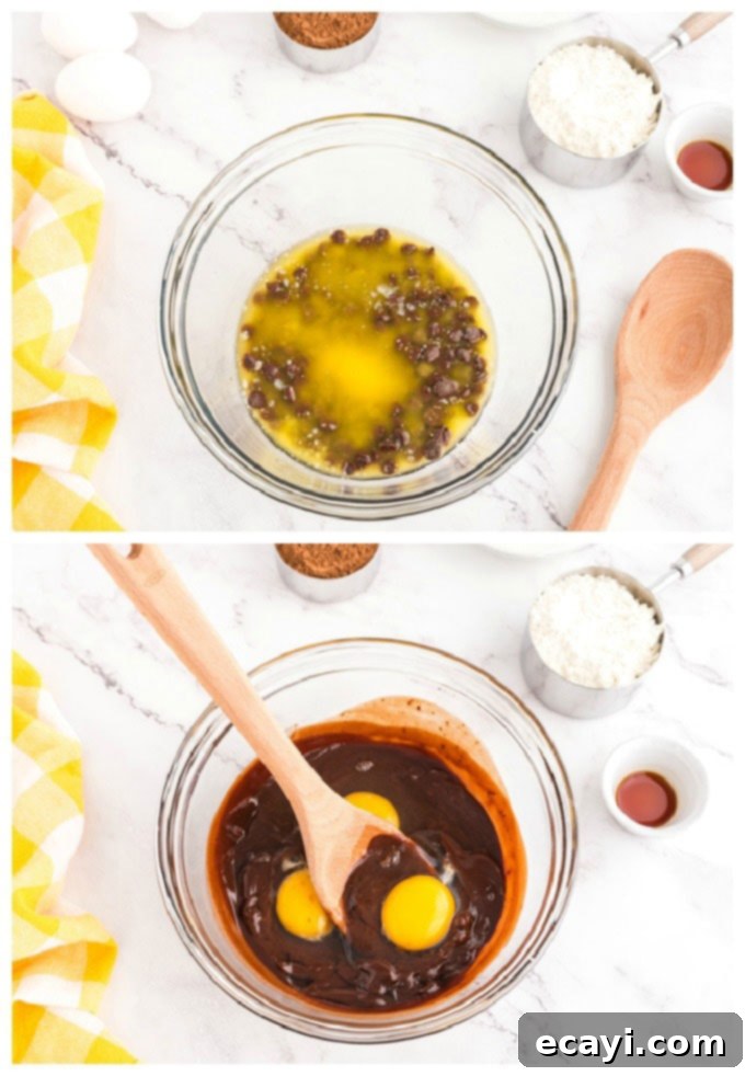 Combining wet ingredients for a rich brownie batter Mixing melted chocolate and eggs in a bowl for brownie batter