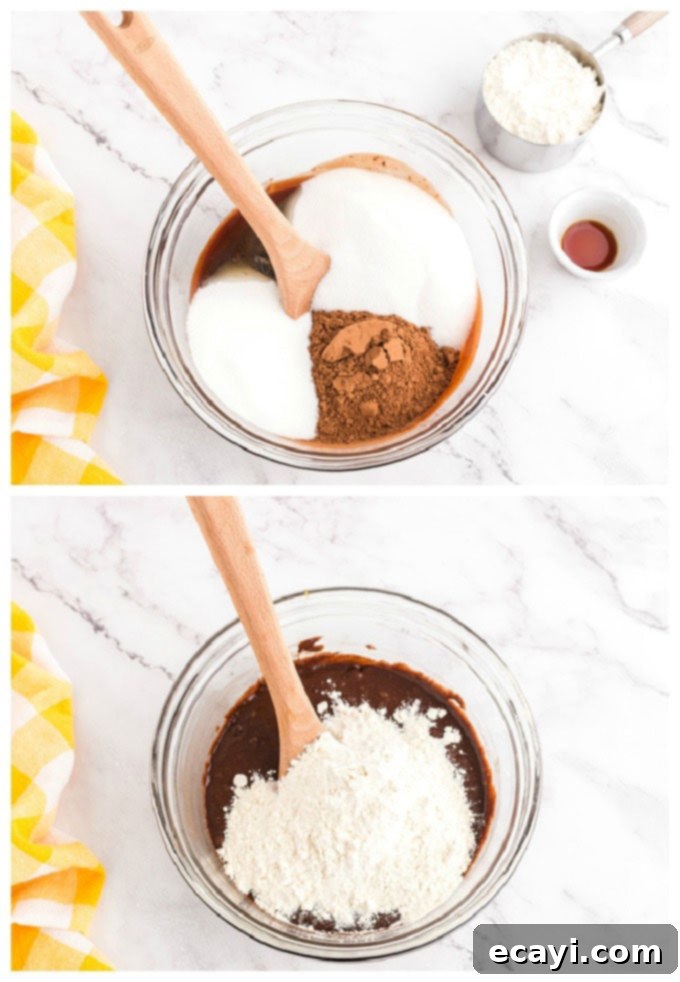 Final mixing of brownie batter before baking Adding all-purpose flour to the rich chocolate brownie batter