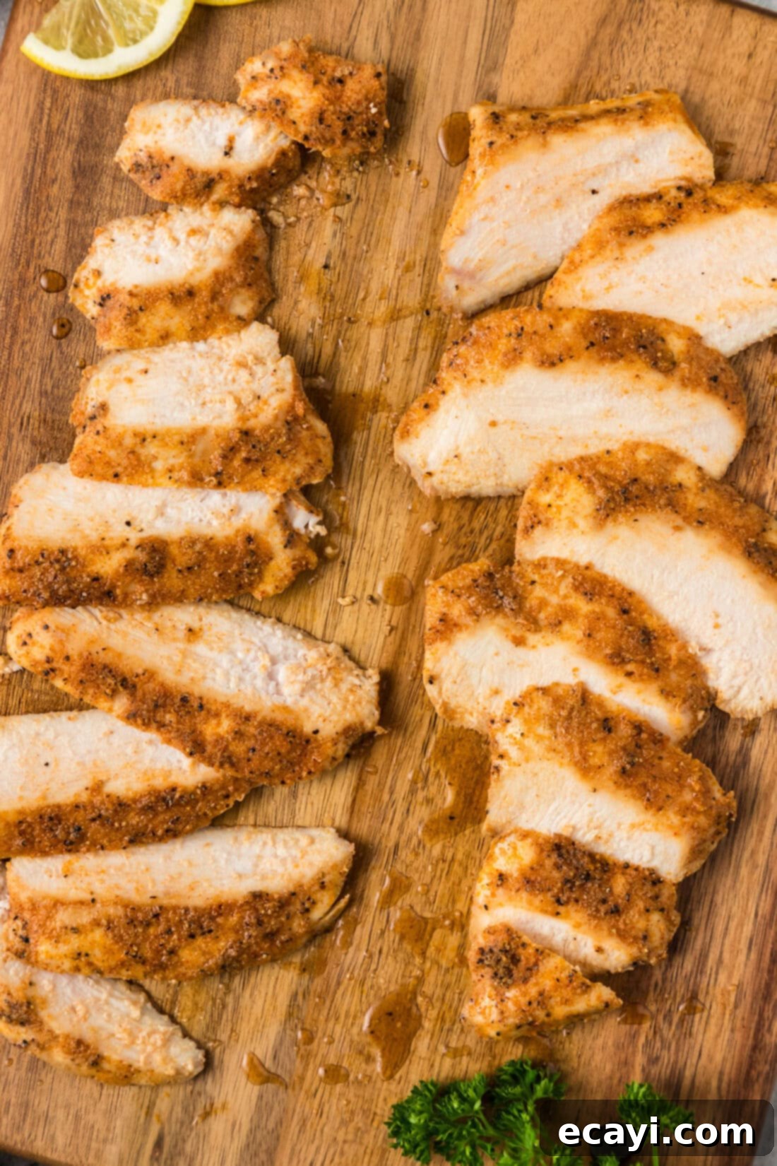 Flawless Sous Vide Chicken Breast 3 Close up photo of slices of Sous Vide Chicken Breast on a wooden board