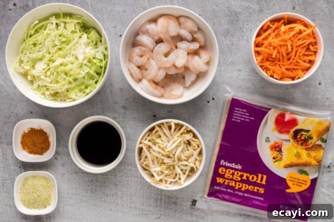 Prawn Spring Rolls 4 Ingredients laid out for Shrimp Egg Rolls