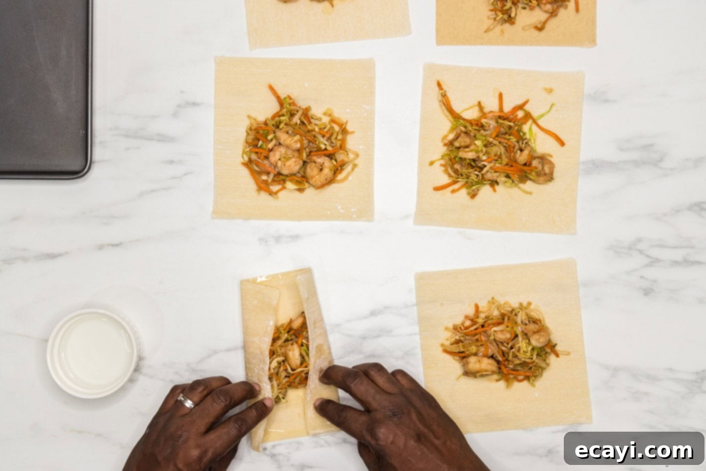 Prawn Spring Rolls 10 hand folding egg roll from the sides