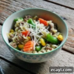 Ramen Noodle and Beef Skillet 4 A photo of ramen noodle and beef skillet in a blue and white bowl.
