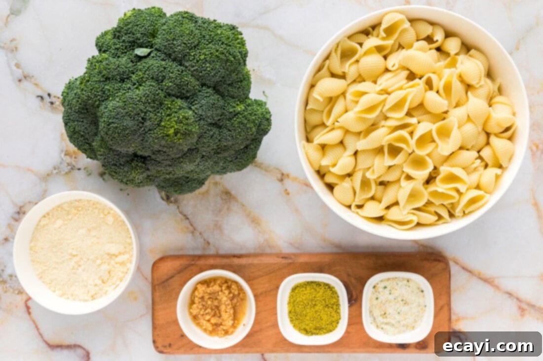 Creamy Broccoli Pasta 4 Various fresh ingredients laid out for making broccoli pasta, including broccoli, garlic, olive oil, and parmesan.