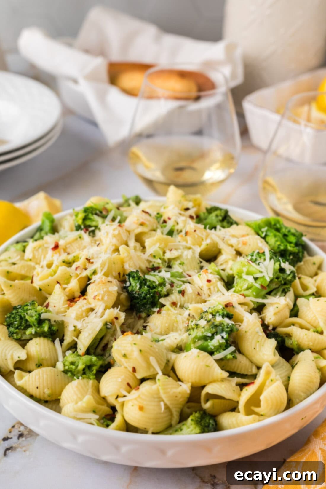 Creamy Broccoli Pasta 8 Close up photo of a bowl of Broccoli Pasta, showing the texture and ingredients.