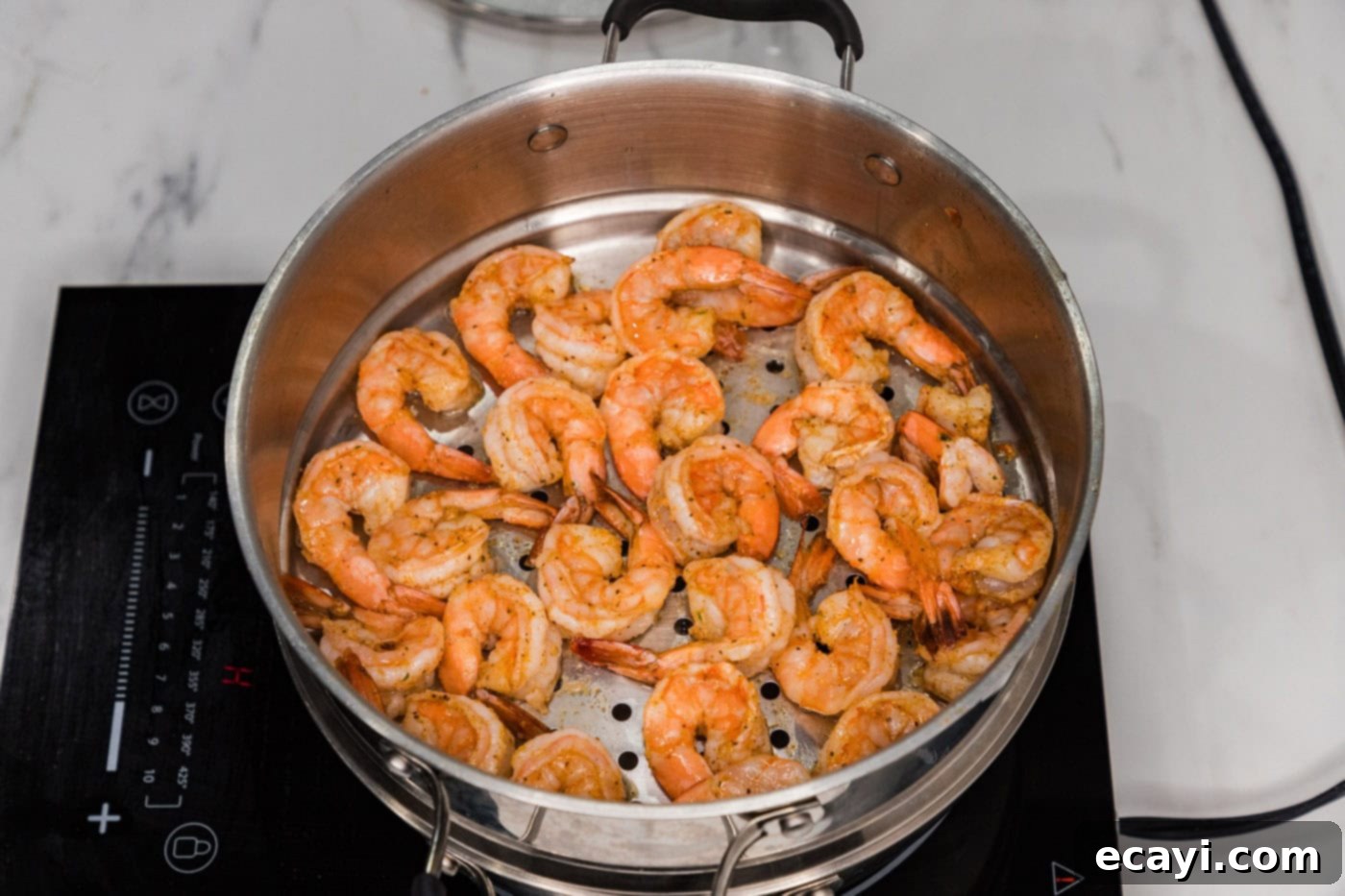 Tender Steamed Shrimp 7 cooked steamed shrimp in steamer basket