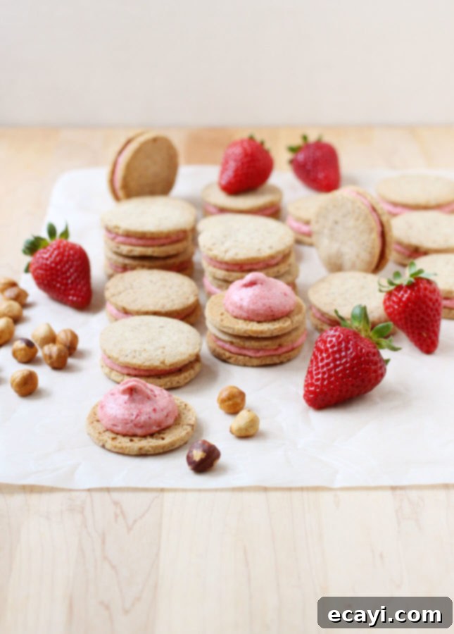 Roasted Strawberry Cloud Hazelnut Shortbread 2 Hazelnut Shortbread Cookies with Roasted Strawberry Buttercream // FoodNouveau.com