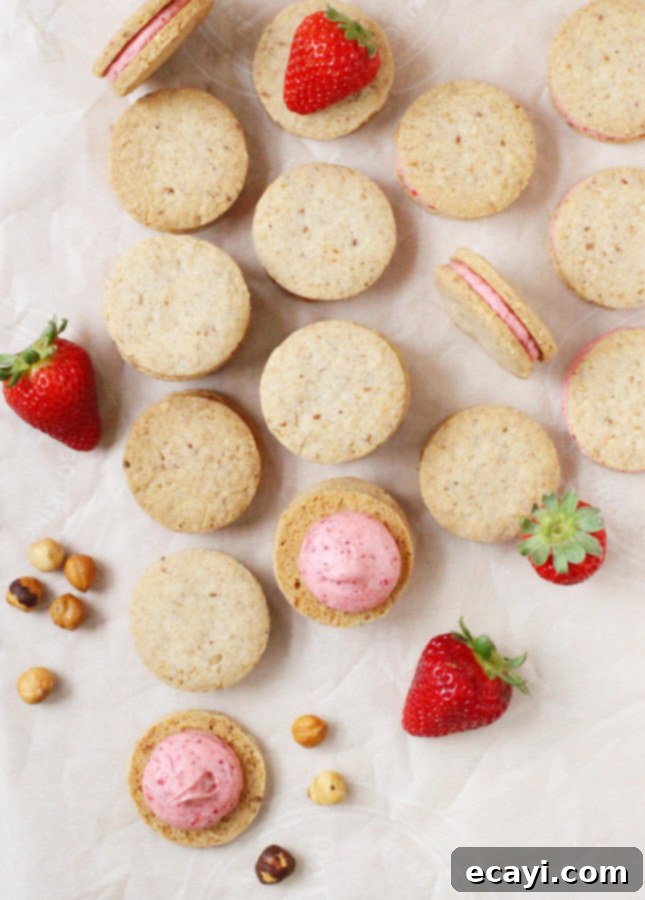 Roasted Strawberry Cloud Hazelnut Shortbread 7 Hazelnut Shortbread Cookies with Roasted Strawberry Buttercream // FoodNouveau.com