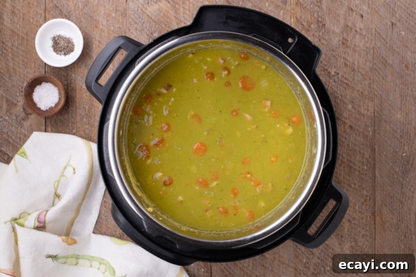 Hearty Instant Pot Split Pea Soup 11 Overhead view of the finished Instant Pot Split Pea Soup, looking thick and ready to serve.