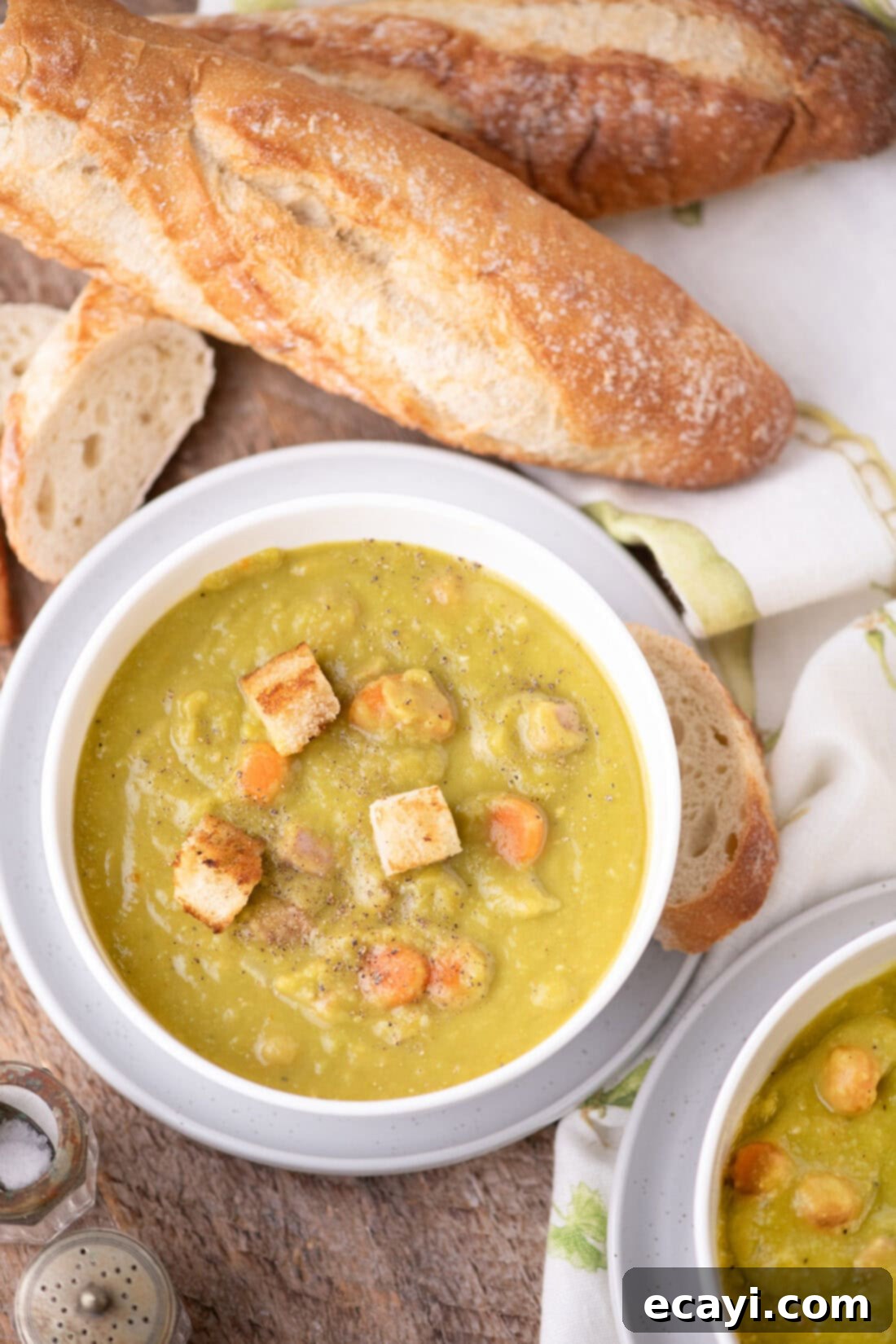 Hearty Instant Pot Split Pea Soup 12 A single bowl of Instant Pot Split Pea Soup, garnished with fresh herbs and served with a slice of bread on a rustic wooden surface.