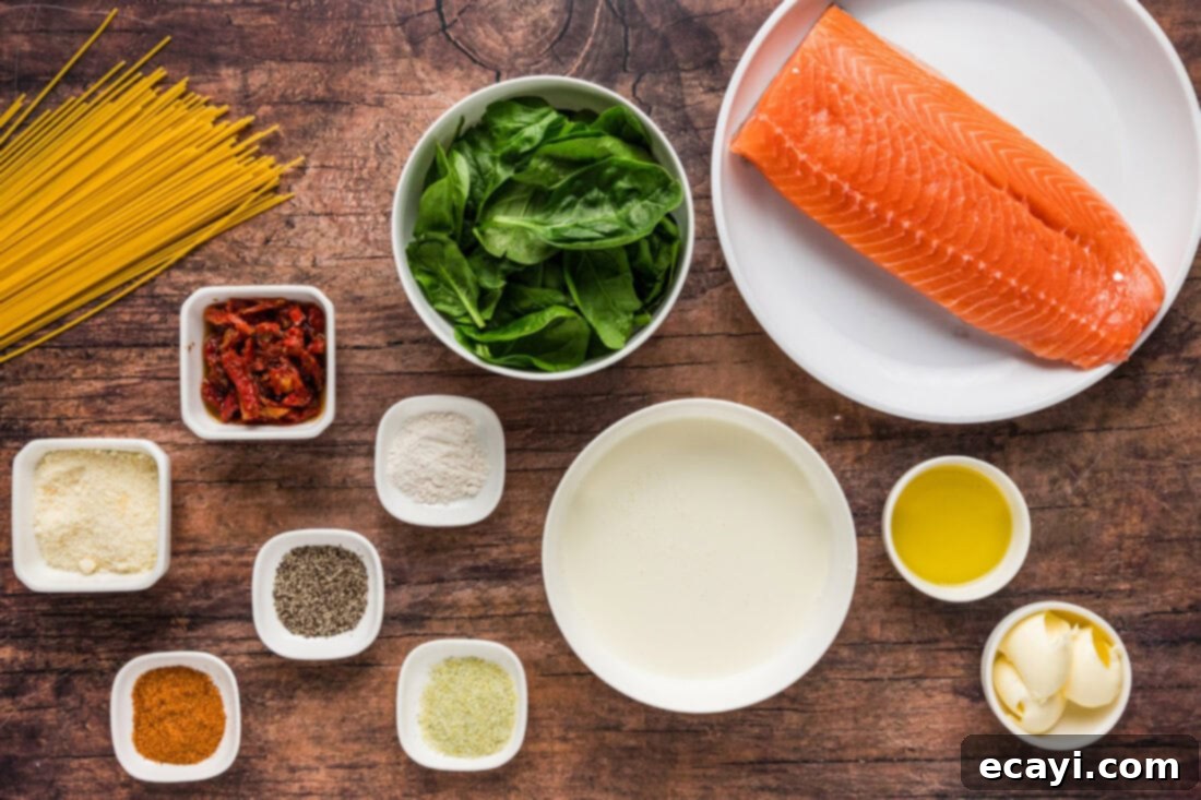 Mediterranean Salmon Pasta 4 Ingredients laid out for Salmon Pasta recipe