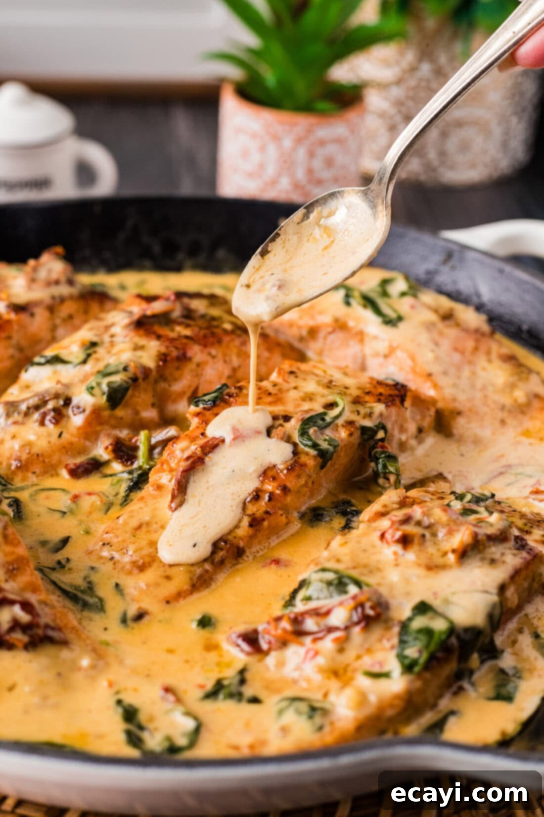 Silken Salmon Perfection 2 Sauce being drizzled on top of Creamy Salmon in a skillet