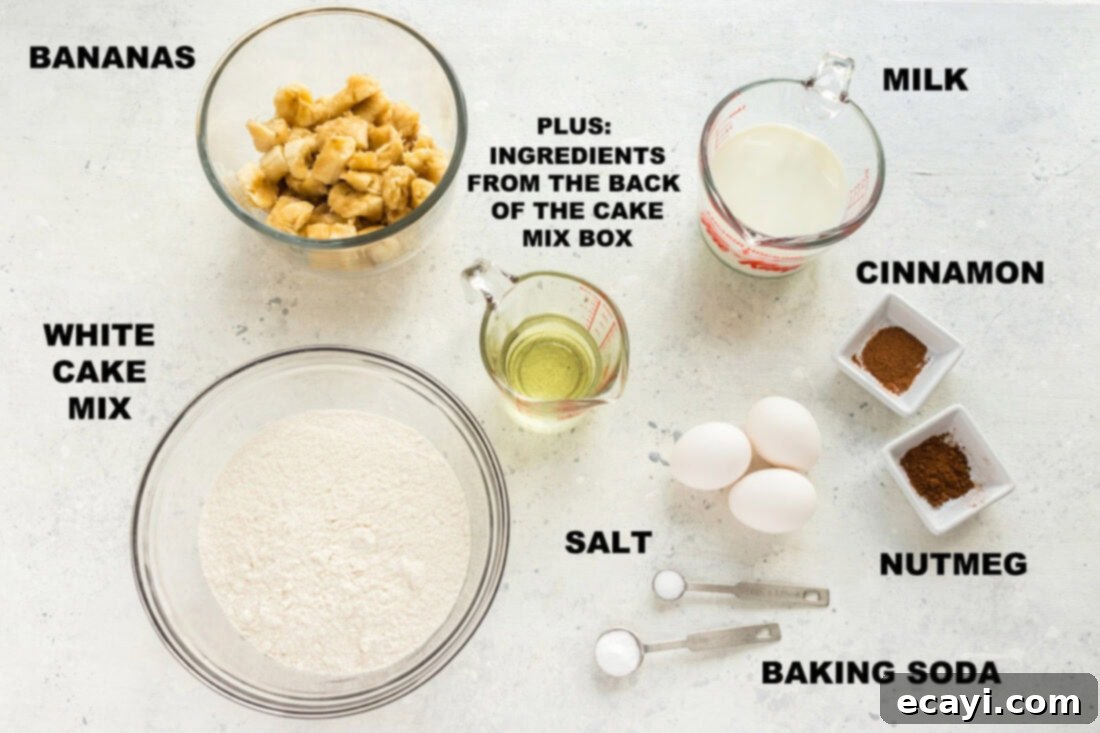 Effortless Banana Cake 2 labeled ingredients for banana cake including cake mix, bananas, milk, and spices