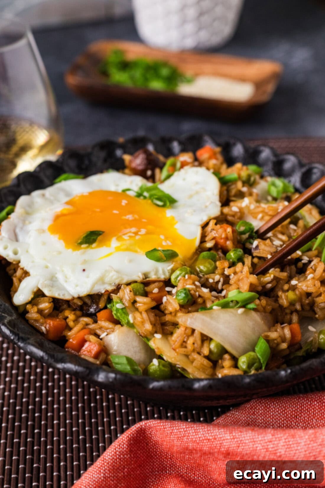 Savory Korean Fried Rice 3 Bowl of Korean Fried Rice with chopsticks expertly placed, ready to enjoy