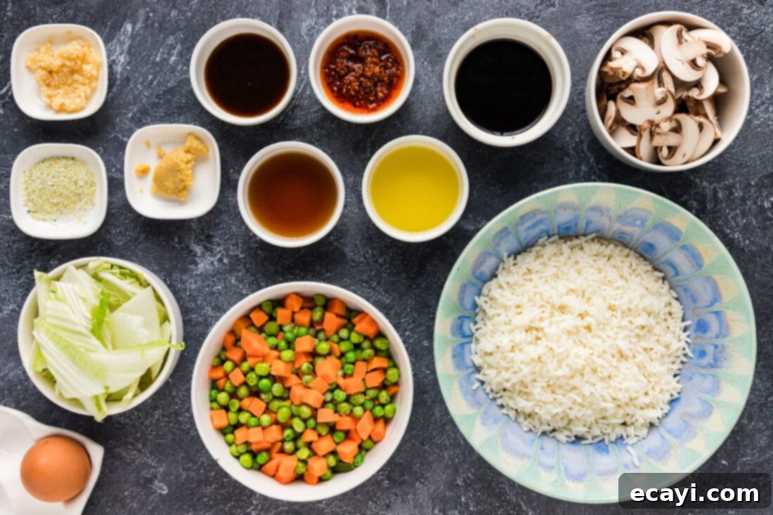 Savory Korean Fried Rice 4 A colorful array of fresh ingredients laid out for Korean Fried Rice preparation