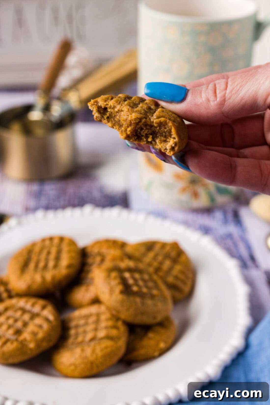 Guilt-Free Keto Peanut Butter Treats 8 Hand holding up a Keto Peanut Butter Cookie with a bite removed, showing its soft interior