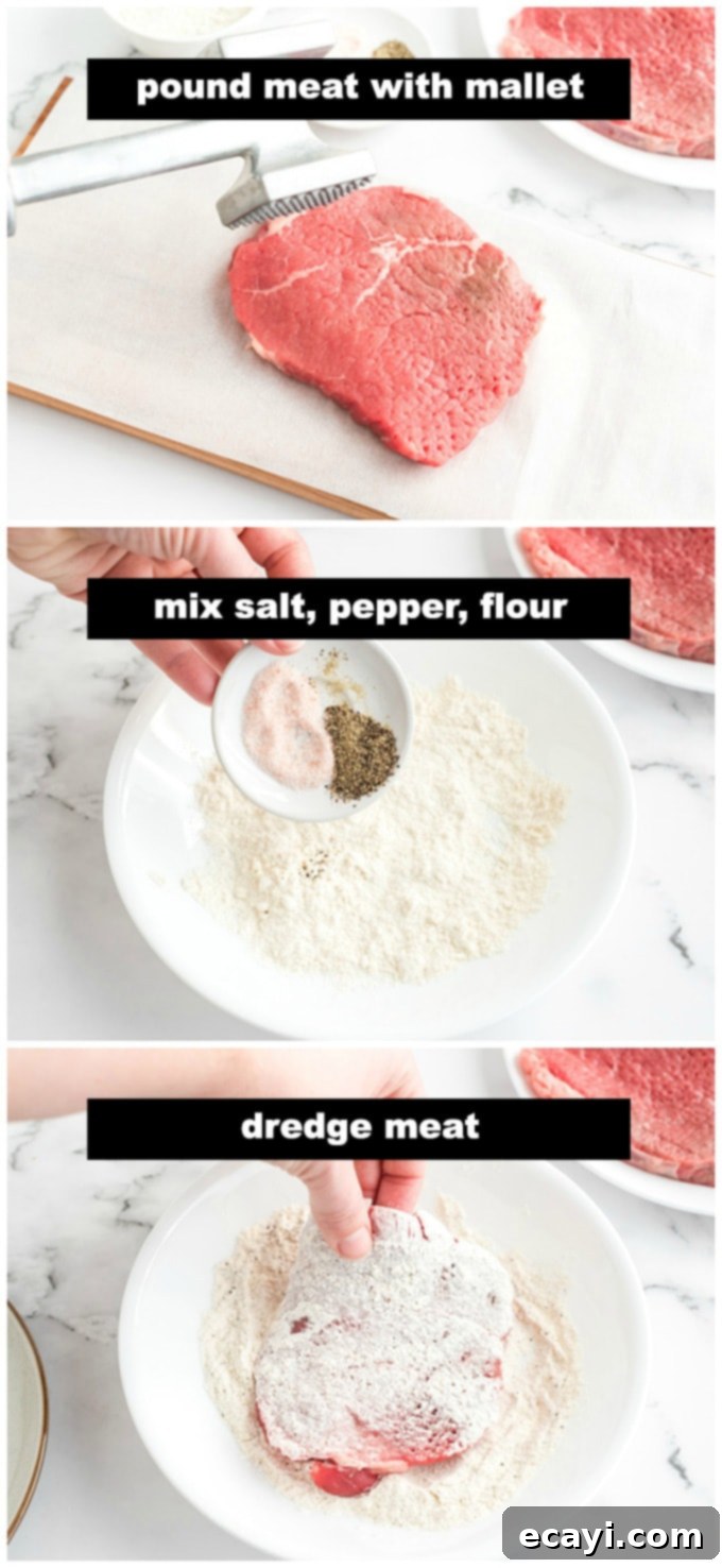 Classic Oven-Braised Swiss Steak 3 Dredging beef round steak in a seasoned flour mixture before browning