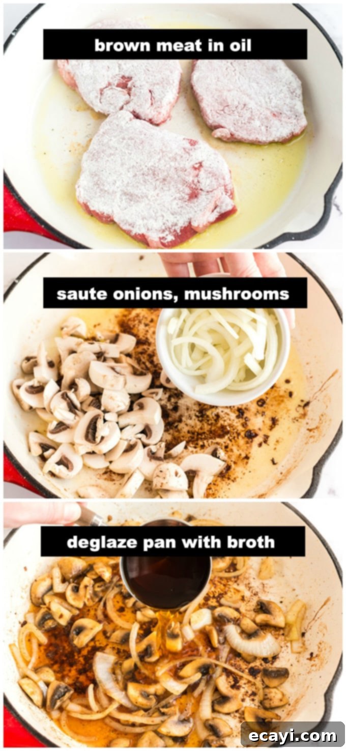 Classic Oven-Braised Swiss Steak 4 Sautéing sliced onions and mushrooms in an oven-safe skillet