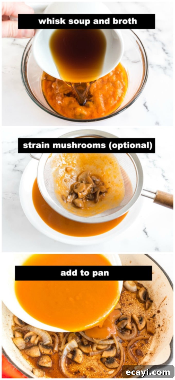 Classic Oven-Braised Swiss Steak 5 Whisking beef broth and golden mushroom soup together in a bowl