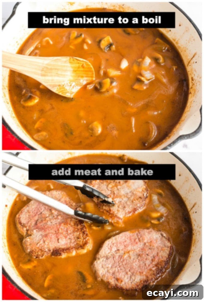 Classic Oven-Braised Swiss Steak 6 Adding browned beef round steak into the mushroom gravy in a large skillet