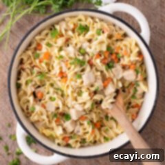 Hearty Chicken Pot Pie Pasta 13 Close up photo of a pot of Chicken Pot Pie Pasta with a spoon in it