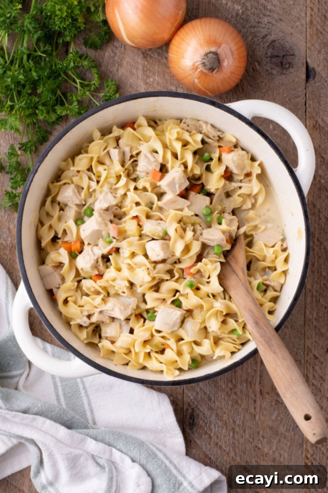 Hearty Chicken Pot Pie Pasta 3 Pot of creamy One-Pot Chicken Pot Pie Pasta ready to serve
