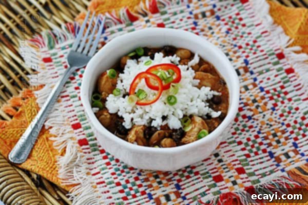 Vibrant Three Bean Salsa Chicken and Rice 4 A close up of a white bowl filled with three bean salsa chicken and rice.