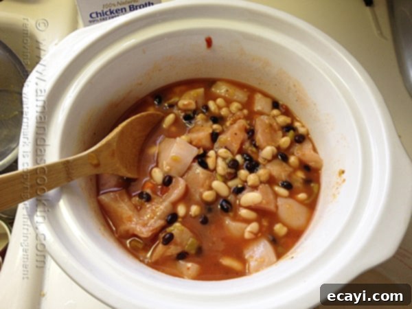 Vibrant Three Bean Salsa Chicken and Rice 7 Sir the cubed chicken into the slow cooker