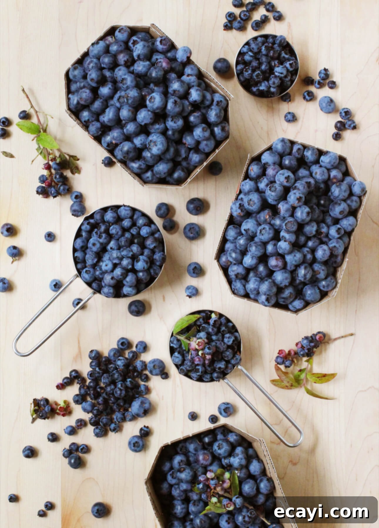 Velvet Blueberry Gelato 6 Various sizes of metal measuring cups filled with fresh blueberries are arranged on a light wooden surface. Some loose blueberries and small green leaves are scattered around the cups. // FoodNouveau.com