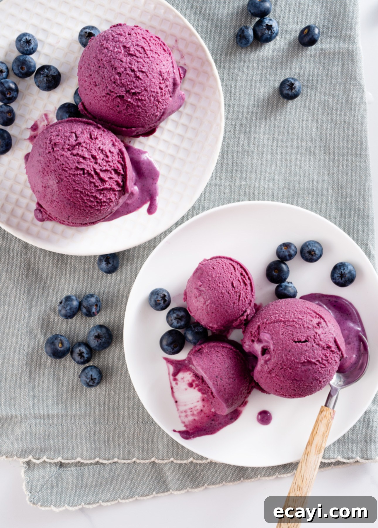 Velvet Blueberry Gelato 8 Two plates of vibrant purple blueberry gelato rest on a gray cloth. One plate is on the left with three scoops, while the other on the right boasts three scoops and a spoon. Scattered blueberries add a fresh touch. // FoodNouveau.com