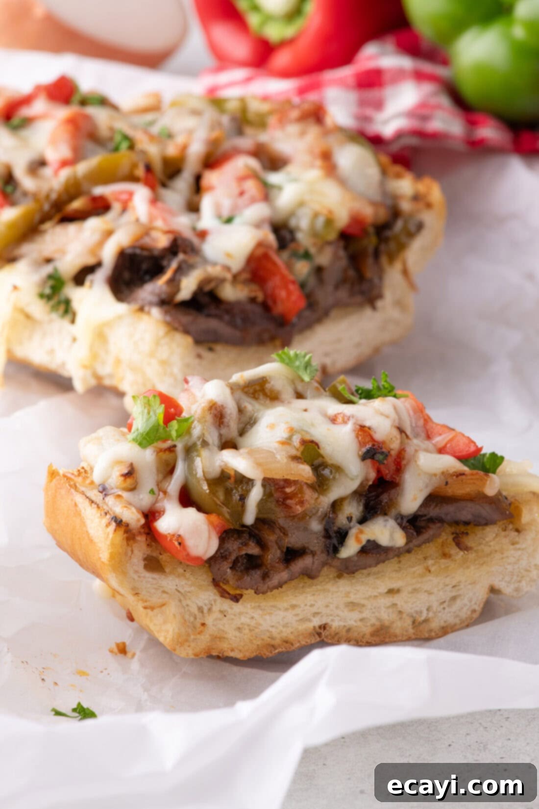 Philly Cheesesteak Pull-Apart Bread 5 Close up photo of a slice of Philly Cheesesteak Cheesy Bread