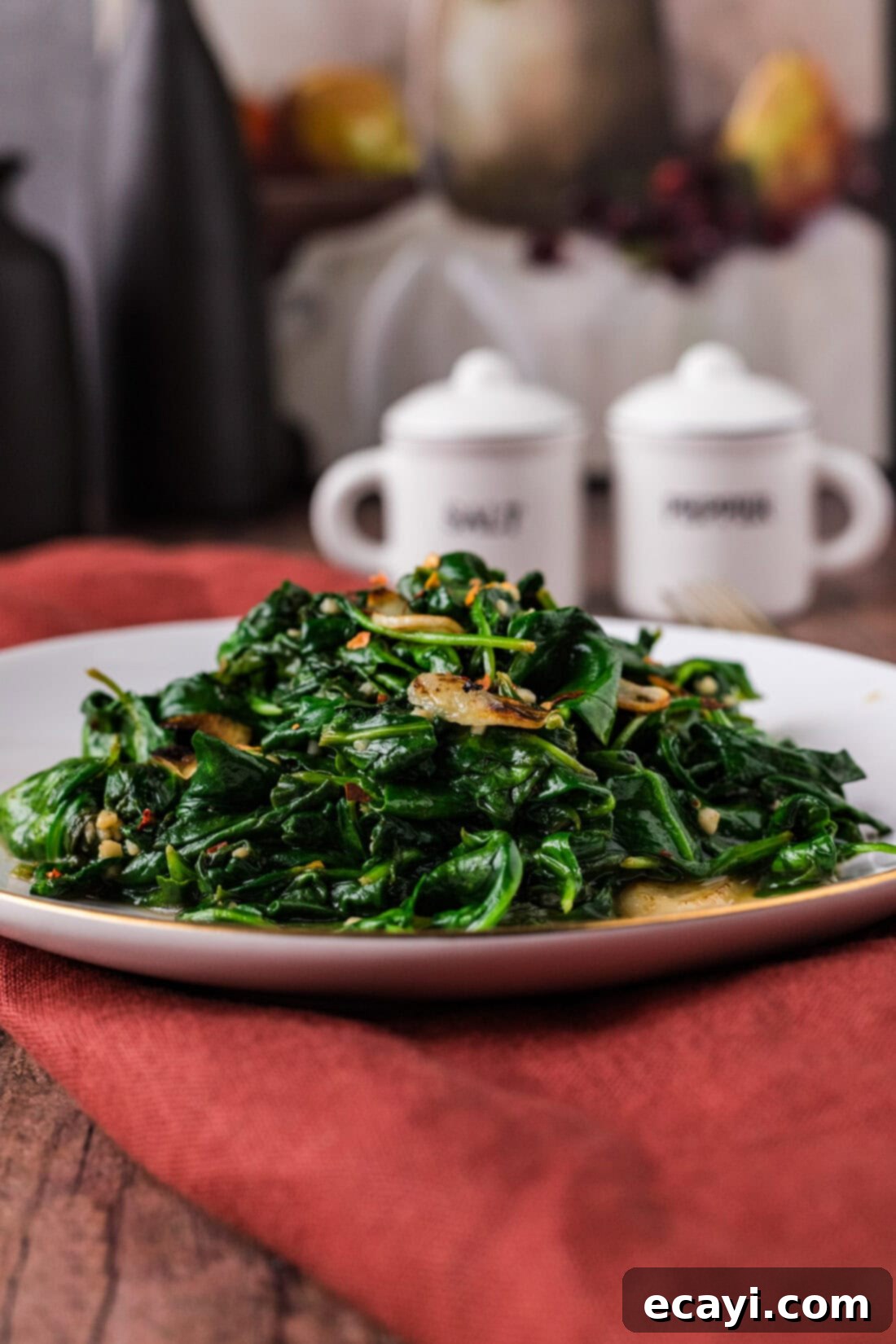 Wok-Kissed Spinach 7 Pile of Stir Fried Spinach on a plate