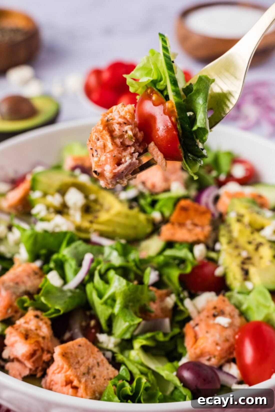 Fresh Salmon Medley 3 Forkful of Salmon Salad held above a bowl of Salmon Salad